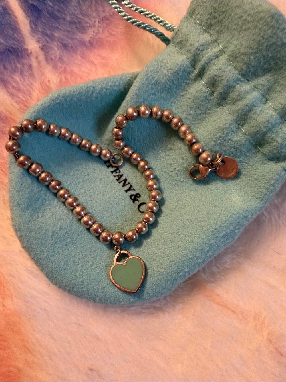 Tiffany & Co. Silver Bead Bracelet with Tiffany Blue Heart Charm